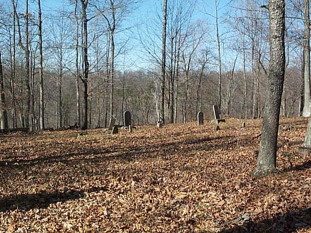 On a bright fall day, the cemetery is covered with autumn leaves, and a few quiet gravestones can be seen clustered together in the woods