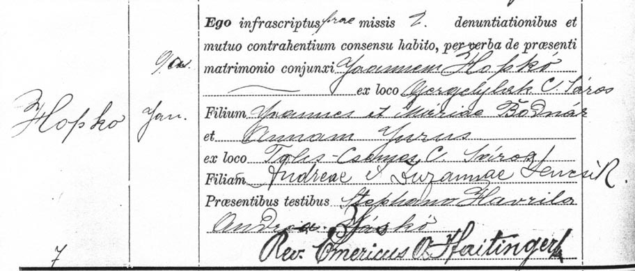 The marriage register was prepared by the clerk, in Latin, and the priest's name
was added at the bottom by a signature stamp.