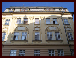 The facade of a building in Old Town Bratislava in the Habsburg style.