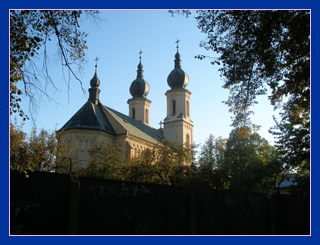 View of the three onion spires on the newly rebuilg Greek Catholic church, Bardjov