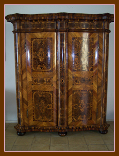 Beautifully inlaid armoire on display at Bratislava Castle