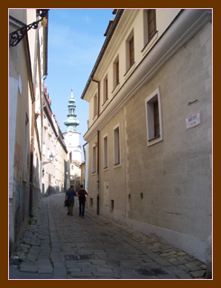 Narrow street heading toward St. Michael's Tower, Bratislava Old Town