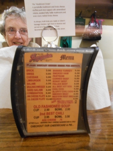 Menu on napkin holder, Baumgartner's tavern, Monroe, Wisconsin, 2013