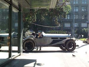 The race car has been made into a fixed sculpture, an object of art on Zurich's main shopping street