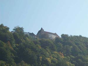 Above a wooded hillside can be seen the top of a large stone castle overlooking the Danube