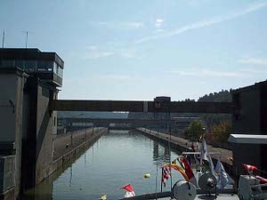 With pennons streaming our boat enters one of the locks on the Danube