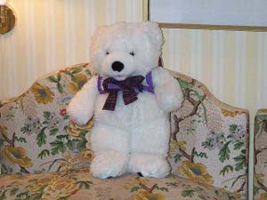 Cuddles the stuffed bear is propped up on the love seat in the hotel room