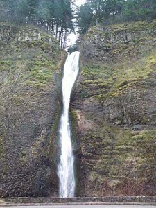 Carrying a large volume of water, the falls drop down a steep mossy rock