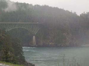 The bridge is partly obscured by the mist, and has an arching steel span supported by concrete piers at each end.