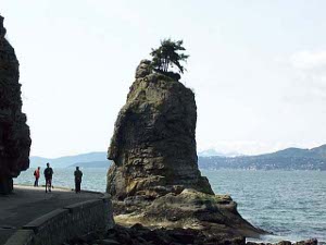 Standing nearly 50 feet tall, with a scrub tree on top, the rock sits close to the shore