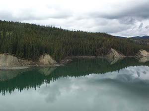 The river is still as glass and the surrounding pine trees are perfectly reflected