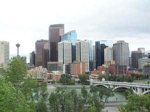 A cluster of tightly packed skyscrapers in downtown Calgary