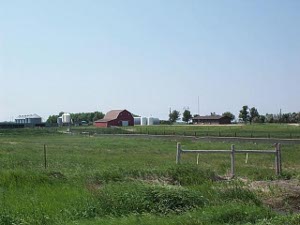 The grass is green, and the modern farm buildings are well-maintained