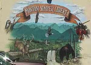 The mural shows deer, bear, eagle, waterfalls, a native american and an early mountain hunter, with row after row of green hills in the background