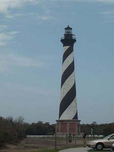 A black and white spiral pattern distinguishes this famous old lighthouse