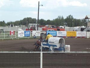 A driver in a yellow parka and black hat guides a blue and white chuckwagon around a tight turn