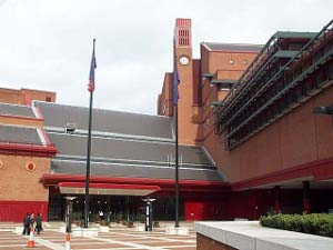 The bright orange red walls and even brighter Chinese red trim help the British Library to make a strong impression
