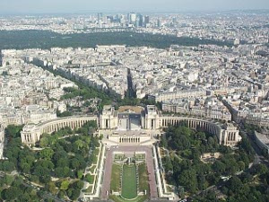 To the north, the beautiful gardens of Trocadero are in front of the Palais de Chaillot.  After miles of buildings, the Bois de Boulogne can be seen in the distance