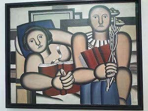 Thick bold lines characterize Leger's cubism, with a man and a woman, each holding a red book