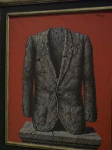 A painting of a man's jacket, standing upright, but with no man wearing it.