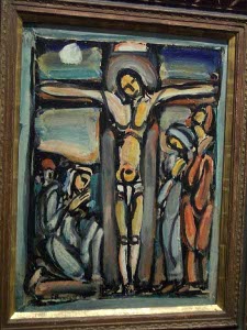 A representation of the crucifixion in typical Roualt style
