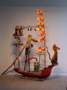 Robert Warren's 'The Command Ship of the Toxic Flotilla,' representing a boat with a fox, orange and yellow flags, a duck, birdhouse, etc.
