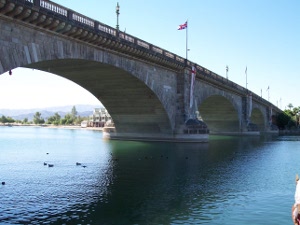 Viewed from one end, you can see four arches of the old stone bridge reassembled from London to Lake Havasu City.  P.S., the water is fake, too.