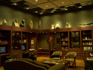 One of the Art Study Rooms, furnished with easy chairs, bookcases, computer terminals, and art displays.