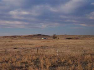 The light blue sky is covered with scudding clouds, and the reddish hue of the dry grasses seems identical to an Andrew Wyeth painting.