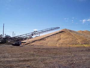 The pile of grain is some 50 feet high at the top, with a long grain elevator positioned to load it into train cars to ship to market.