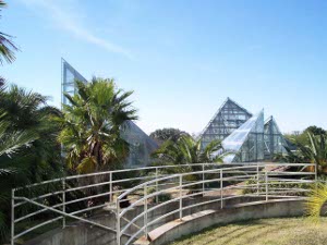 Above a curving walk which descends to an underground greenhouse, the tops of glassed in conservatory pyramids rise above the gardens, making a shiny contrast with the green trees