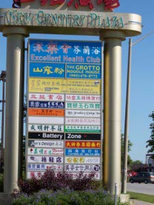 A large sign for the New Century Plaza features a couple dozen signs in Asian lettering