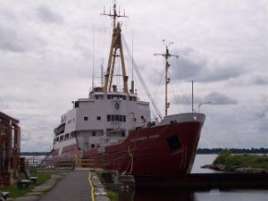 Painted white with a red hull, the former icebreaker is tied to the Kingston dock