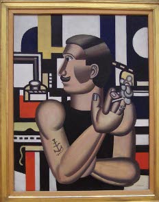 Cubist impression of a mechanic wearing a black sleeveless shirt, smoking a cigarette, with a mustache, by Leger