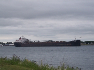 A large amount of bulk cargo is carried through the Great Lakes and St. Lawrence Seaway.  View of freighter.