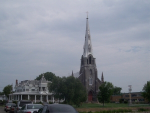 St. Anne's, a typical village church with a towering spire near Montreal.