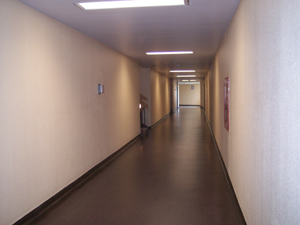 A plain white corridor inside the residential wing of The Wall