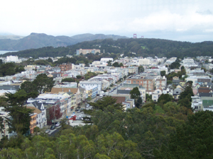 The hills of San Francisco, with the Golden Gate Bridge visible in the distance.