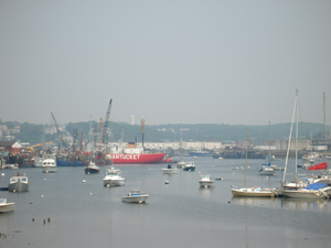 Gloucester harbor with lightship