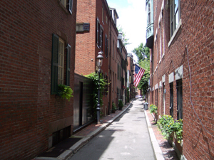 A narrow brick mews lined with back doors and garden entrances and one American flag.