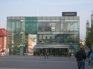 The information center in the big glass building