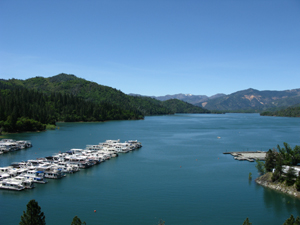 The view from the restaurant, perhaps one hundred feet above the lake, shows a large, placid, blue lake, surrounded by wooded hills.  Two jetties with houseboats moored in all the slips are waiting the boating season.