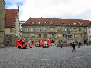 Three fire trucks respond to an alarm in a public building in Stuttgart