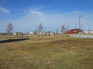 The photo shows some lots with rebuilt homes and some empty lots.