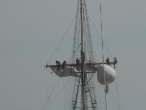 five men are astride a yard arm working on sail on a tall ship