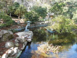 A leaf-strewn lake and a Japenese stone sculpture in the Zilker Botanical Garden