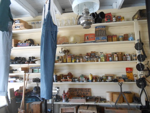 This general store consists of merchandise on shelves lining the walls and clothes hanging from the ceiling in a typical rural setting.