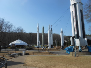 Six different NASA rockets are on display.