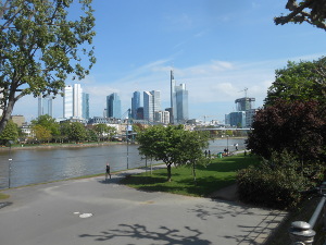 From the south bank of the Main, the tall Frankfurt skyscrapers make an attractive skyline.