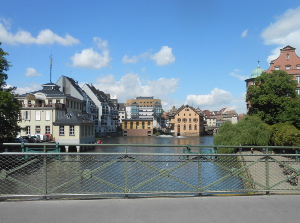 A bridge overlooks the buildings of old Strasbourg tannery district on the River Ill